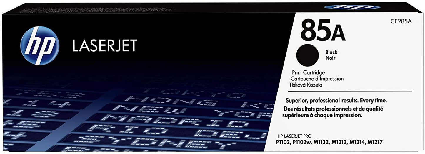 HP 85A Black Compatible LaserJet Toner Cartridge box displays the HP logo, product name, cartridge compatibility info, and multilingual text against a digital-style background.