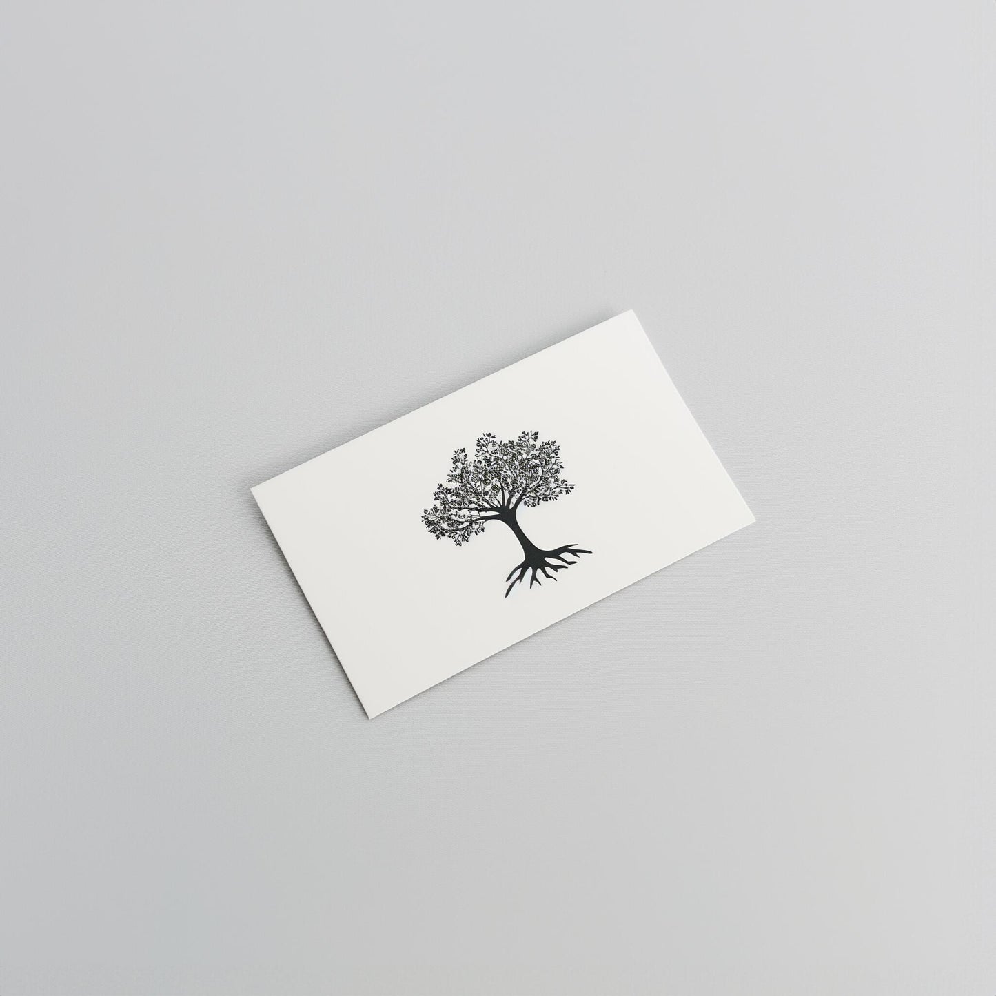 A white Example product card with a minimalist black tree and exposed roots illustration, displayed on a plain light gray surface.