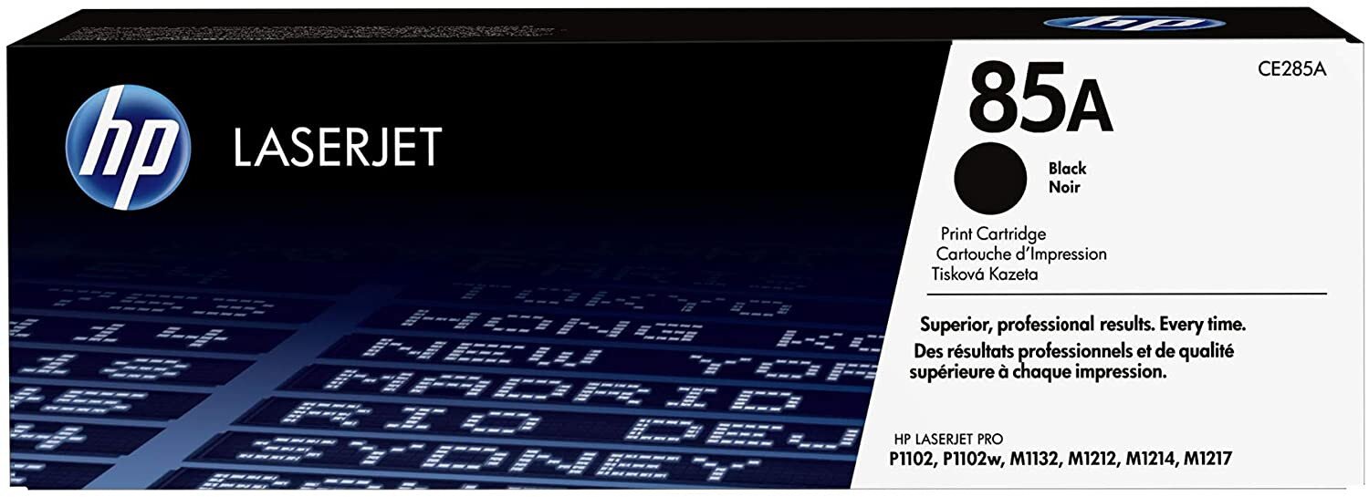 HP 85A Black Compatible LaserJet Toner Cartridge box displays the HP logo, product name, cartridge compatibility info, and multilingual text against a digital-style background.