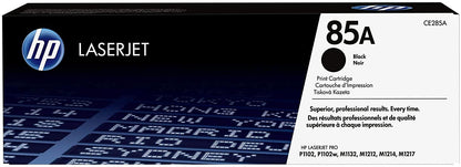 HP 85A Black Compatible LaserJet Toner Cartridge box displays the HP logo, product name, cartridge compatibility info, and multilingual text against a digital-style background.