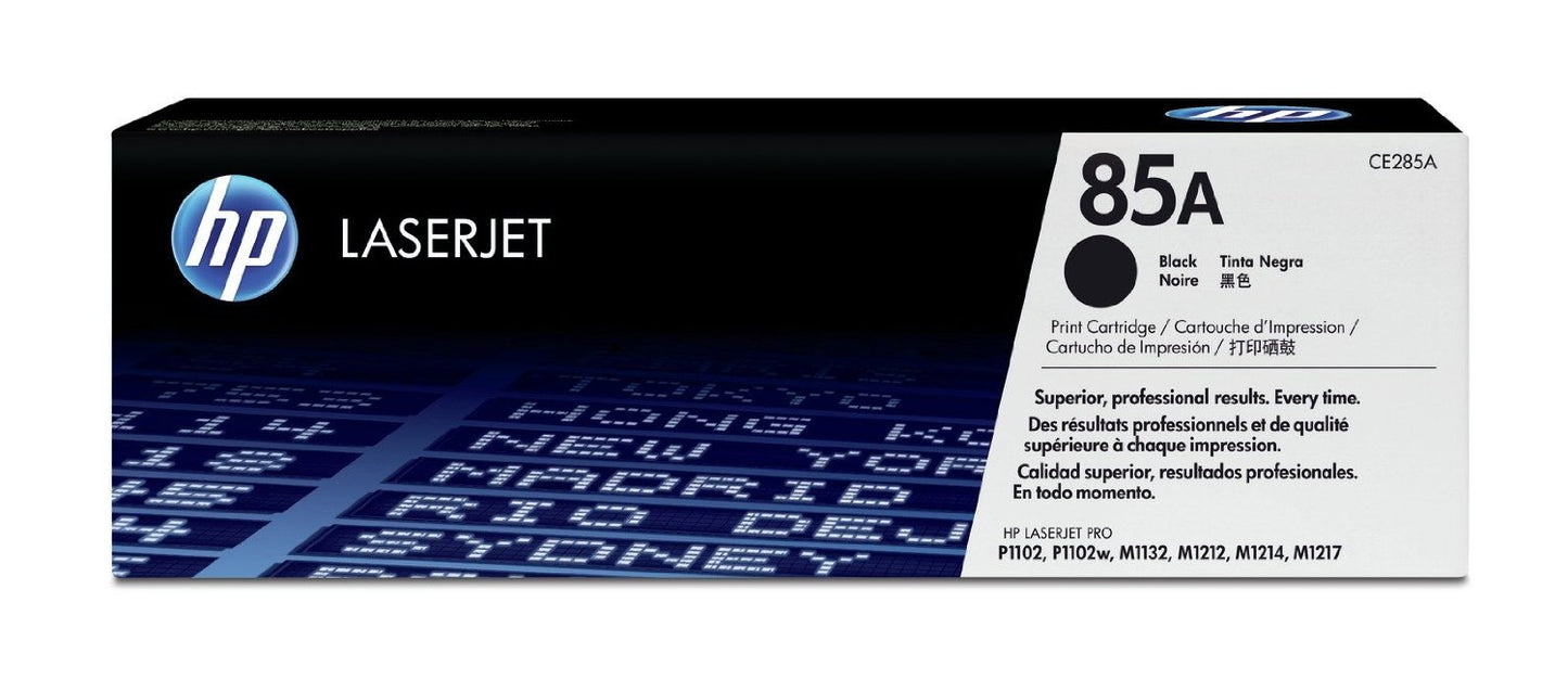 The HP 85A Black Compatible LaserJet Toner Cartridge box displays the HP logo, LASERJET branding, model CE285A, compatibility info, and multilingual text on its packaging.