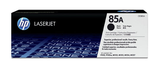 The HP 85A Black Compatible LaserJet Toner Cartridge box displays the HP logo, LASERJET branding, model CE285A, compatibility info, and multilingual text on its packaging.