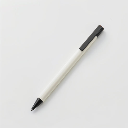 The Example product, a black and white ballpoint pen with a black clip, rests diagonally on a plain white background.