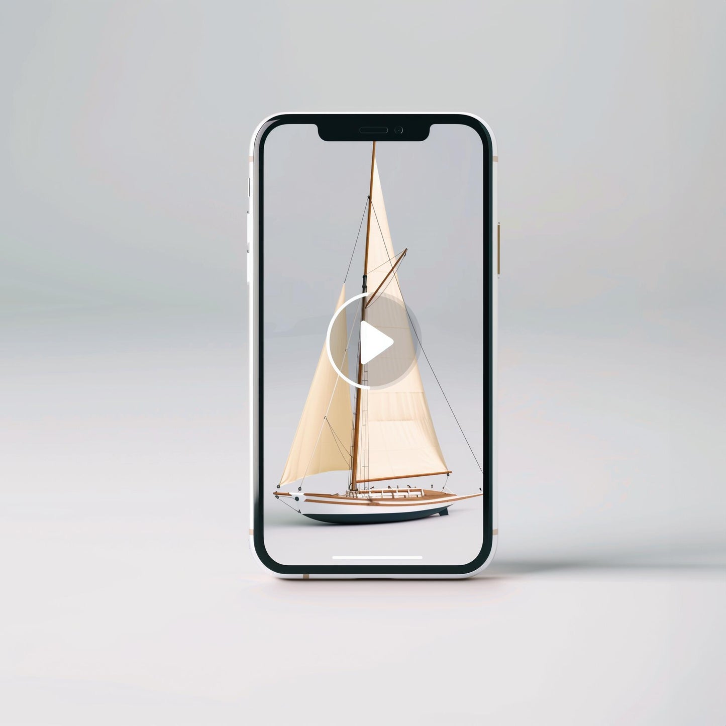 The Example product, a smartphone shown upright, displays a video with a play button, featuring a model sailboat with cream sails against a plain light background.