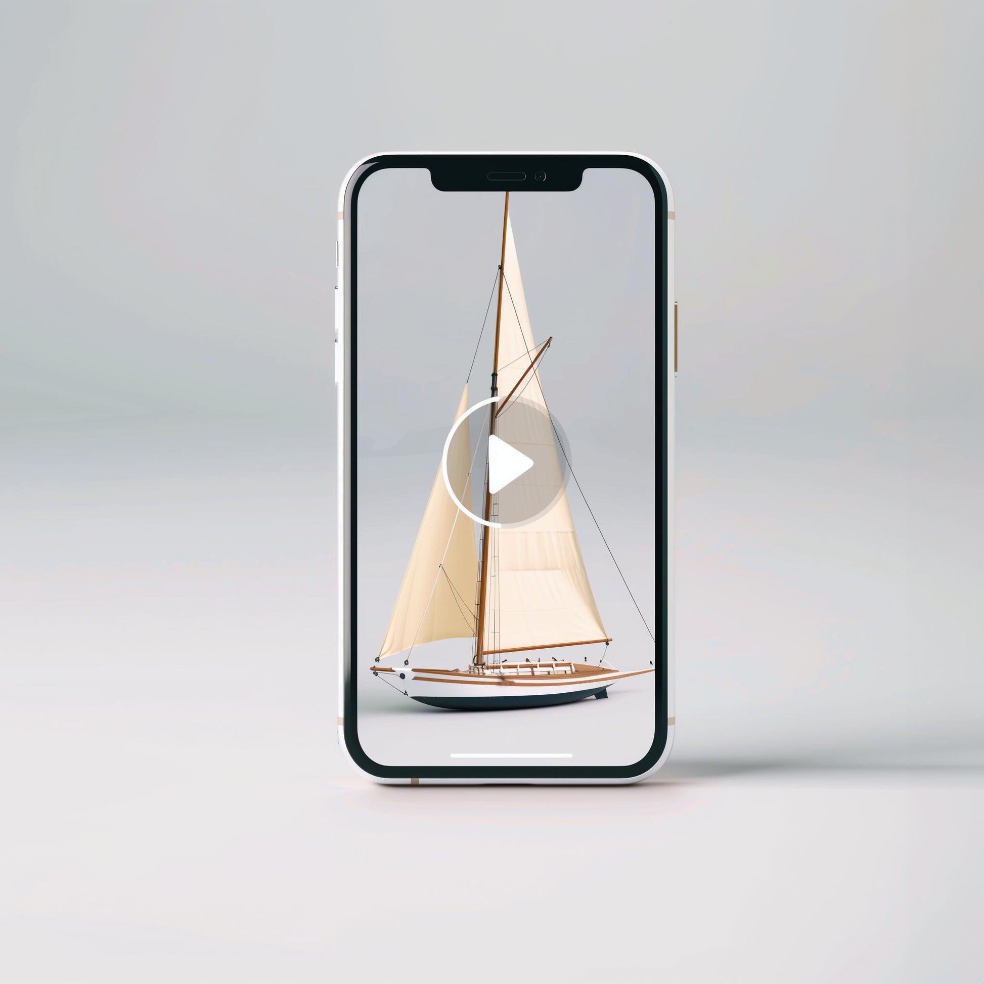 The Example product, a smartphone shown upright, displays a video with a play button, featuring a model sailboat with cream sails against a plain light background.
