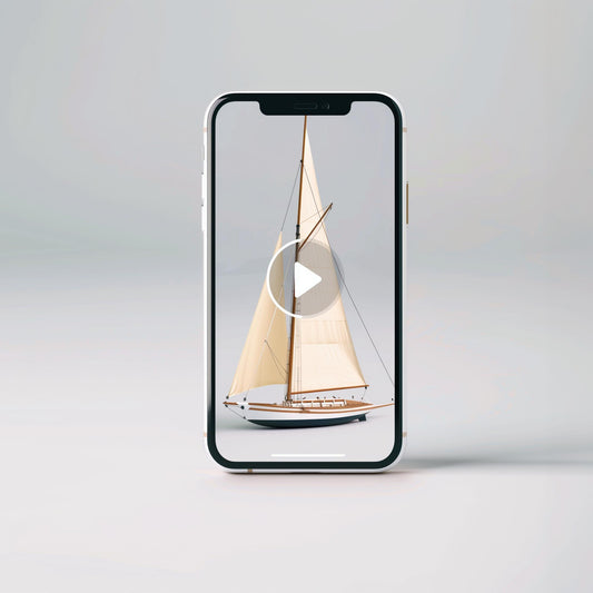 The Example product, a smartphone shown upright, displays a video with a play button, featuring a model sailboat with cream sails against a plain light background.