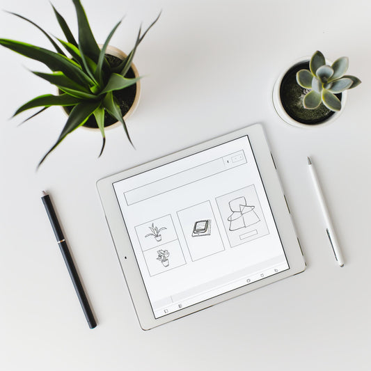 The Example product tablet displays simple line drawings on a white desk, flanked by two potted succulents, with a black pen to the left and a white stylus to the right.
